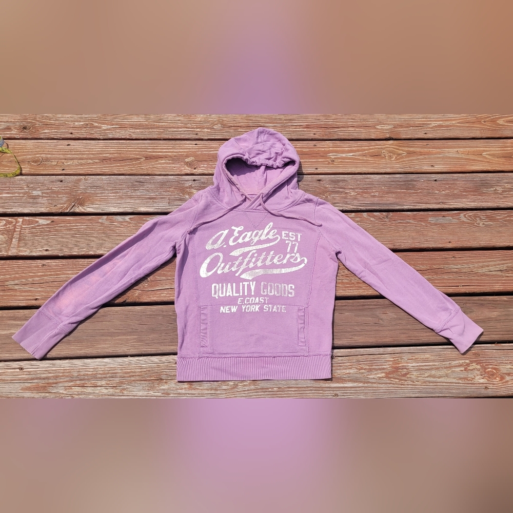 Vintage Amwrican Eagle Outfitters Hoodie Purple Silver Design Size M
